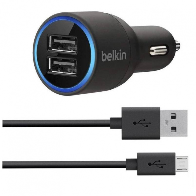 Автомобильное зарядное USB устройство Belkin (2 порта, 2.1А, кабель Micro USB)
